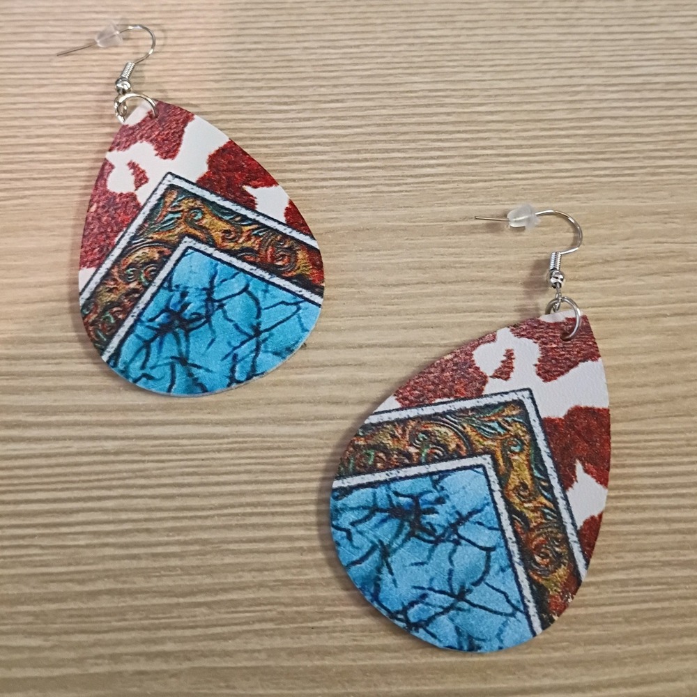Western Cow Print Turquoise Tooled Leather Teardrop Earrings Boho Southwestern